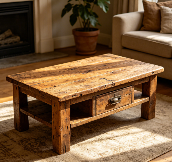 Rustic Reclaimed Wood Coffee Table with Storage Drawer