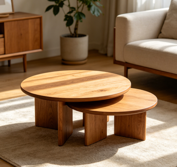 Round Nesting Coffee Table Set of Two in Natural Wood